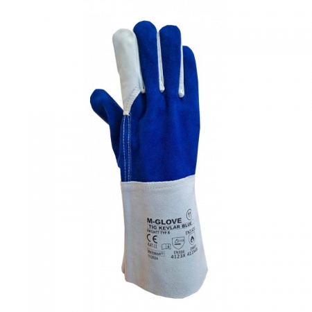 M-GLOVE TIG KEVLAR BLUE 4123X 411X4X Rękawice ochronne spawalnicze wykonane ze skóry licowej z mankietem z dwoiny bydlęcej.
