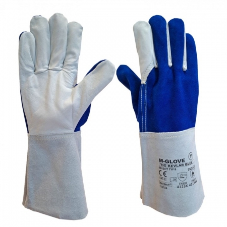 M-GLOVE TIG KEVLAR BLUE 4123X 411X4X Rękawice ochronne spawalnicze wykonane ze skóry licowej z mankietem z dwoiny bydlęcej.